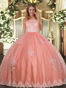 Watermelon Red Scoop Neckline Lace and Appliques Quinceanera Dress Sleeveless Clasp Handle