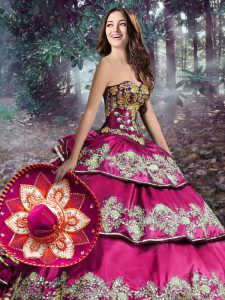 Noble Fuchsia Organza and Taffeta Zipper Sweetheart Sleeveless Floor Length 15 Quinceanera Dress Embroidery and Ruffled 