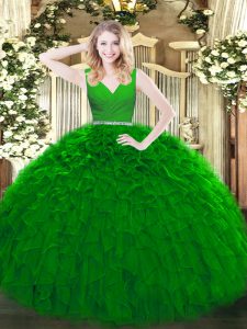 Clearance Sleeveless Floor Length Beading and Ruffles Zipper Sweet 16 Quinceanera Dress with Green