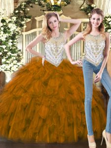 Brown Sleeveless Organza Zipper Sweet 16 Dress for Military Ball and Sweet 16 and Quinceanera