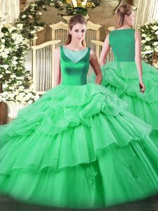 Floor Length Apple Green Quince Ball Gowns Organza Sleeveless Beading and Appliques and Pick Ups