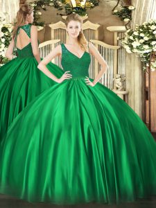 Latest V-neck Sleeveless Satin Vestidos de Quinceanera Beading and Lace Backless