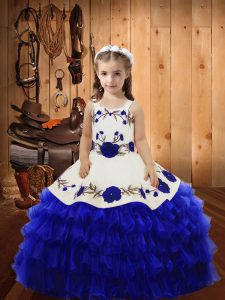 Royal Blue Ball Gowns Straps Sleeveless Organza Floor Length Lace Up Embroidery and Ruffled Layers Pageant Gowns For Gir