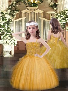 Tulle Spaghetti Straps Sleeveless Lace Up Beading and Ruffles Little Girls Pageant Dress in Gold
