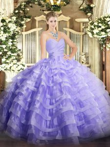 Most Popular Lavender Sleeveless Beading and Ruffled Layers Floor Length Sweet 16 Dress