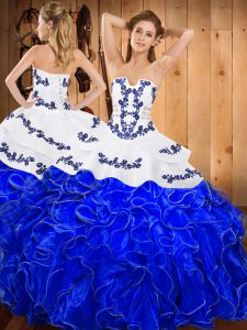 Perfect Sleeveless Satin and Organza Floor Length Lace Up 15 Quinceanera Dress in Blue And White with Embroidery and Ruf