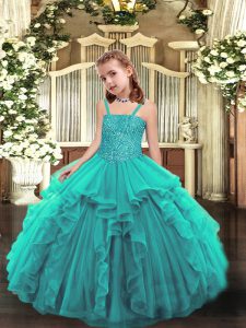 Nice Teal Straps Lace Up Beading and Ruffles Pageant Dresses Sleeveless