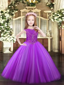Lavender Ball Gowns Tulle Scoop Sleeveless Beading Floor Length Zipper Kids Formal Wear