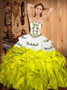 Popular Floor Length Yellow Green Quinceanera Gowns Strapless Sleeveless Lace Up