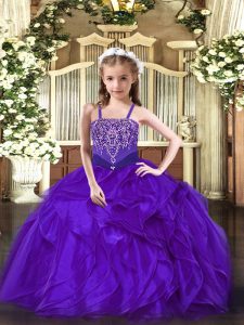 Great Ball Gowns Glitz Pageant Dress Purple Straps Organza Sleeveless Floor Length Lace Up