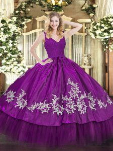 Wonderful Fuchsia Ball Gowns Beading and Appliques Vestidos de Quinceanera Zipper Taffeta Sleeveless Floor Length