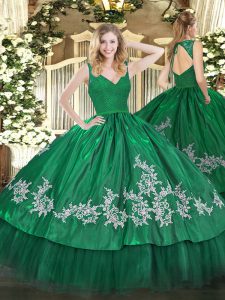 Sumptuous Dark Green Ball Gowns Beading and Lace and Appliques Sweet 16 Dress Backless Taffeta Sleeveless Floor Length