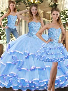 Customized Tulle Sweetheart Sleeveless Lace Up Beading and Ruffled Layers Ball Gown Prom Dress in Baby Blue