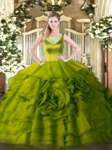 Sleeveless Organza Floor Length Side Zipper Sweet 16 Dresses in Olive Green with Beading and Ruffled Layers