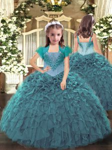 Ball Gowns Little Girls Pageant Dress Teal Straps Organza Sleeveless Floor Length Lace Up