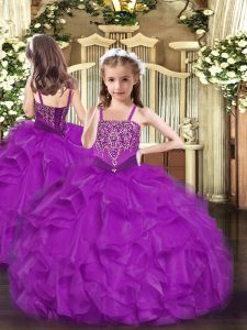 Organza Straps Sleeveless Lace Up Beading and Ruffles Kids Pageant Dress in Fuchsia