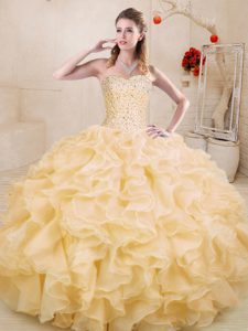 Gold Ball Gowns Organza Sweetheart Sleeveless Beading and Ruffles Floor Length Lace Up 15 Quinceanera Dress