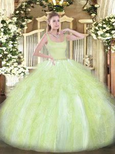 Floor Length Yellow Green Quince Ball Gowns Tulle Sleeveless Beading and Ruffles