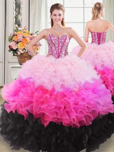 Dynamic Sleeveless Organza Floor Length Lace Up Sweet 16 Dresses in Multi-color with Beading and Ruffles