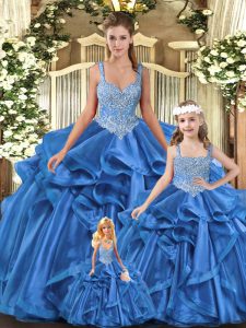 Glamorous Blue Tulle Lace Up Vestidos de Quinceanera Sleeveless Floor Length Beading and Ruffles