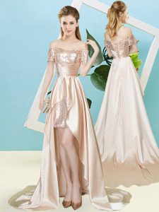 High Low Champagne Homecoming Dress Elastic Woven Satin and Sequined Short Sleeves Sequins