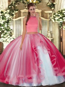 Coral Red Halter Top Neckline Beading and Ruffles Quince Ball Gowns Sleeveless Backless