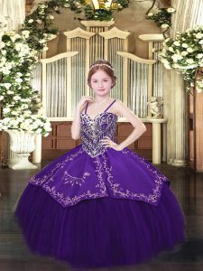 Spaghetti Straps Sleeveless Satin and Organza Kids Formal Wear Beading and Embroidery Lace Up
