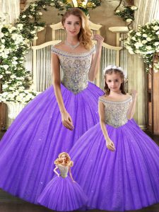 Suitable Eggplant Purple Lace Up Bateau Beading Ball Gown Prom Dress Tulle Sleeveless