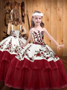 Trendy Wine Red Lace Up Straps Embroidery Little Girls Pageant Dress Wholesale Organza Sleeveless