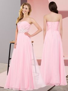 Lovely Baby Pink Chiffon Lace Up Sleeveless Floor Length Appliques