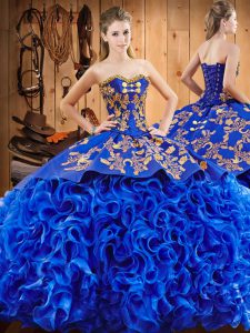 New Arrival Royal Blue 15th Birthday Dress Fabric With Rolling Flowers Court Train Sleeveless Embroidery