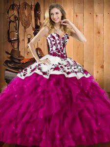 Best Selling Fuchsia Sweetheart Neckline Embroidery and Ruffles Quinceanera Gowns Sleeveless Lace Up