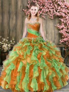 Custom Fit Multi-color Lace Up Sweetheart Beading and Ruffles Ball Gown Prom Dress Organza Sleeveless