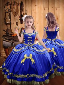 Royal Blue Off The Shoulder Lace Up Beading and Embroidery Little Girls Pageant Dress Wholesale Sleeveless