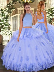 Hot Selling Tulle Halter Top Sleeveless Backless Beading and Appliques and Ruffles Sweet 16 Dresses in Light Blue