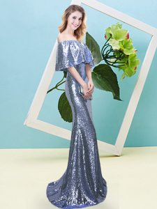 Designer Sequined Off The Shoulder Half Sleeves Zipper Sequins Dress for Prom in Blue