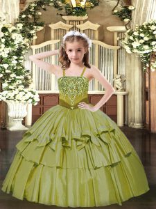 Gorgeous Floor Length Lace Up Little Girl Pageant Dress Olive Green for Party and Quinceanera with Beading and Ruffled L