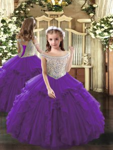 Nice Purple Kids Pageant Dress Sweet 16 and Quinceanera with Beading and Ruffles Off The Shoulder Sleeveless Lace Up