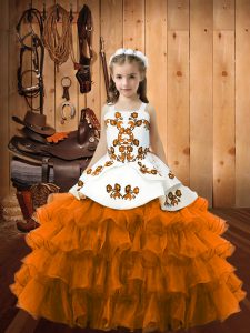 Trendy Rust Red Sleeveless Embroidery and Ruffled Layers Floor Length Kids Formal Wear