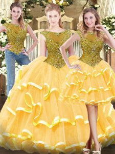 Dynamic Tulle Sleeveless Floor Length Quinceanera Gown and Beading and Ruffled Layers