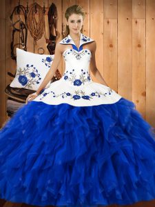 Free and Easy Halter Top Sleeveless Lace Up Sweet 16 Quinceanera Dress Blue And White Satin and Organza