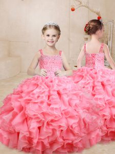 Watermelon Red Straps Lace Up Beading and Ruffles Little Girls Pageant Dress Wholesale Sleeveless