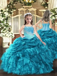 Trendy Organza Straps Sleeveless Lace Up Embroidery and Ruffles Little Girl Pageant Dress in Teal