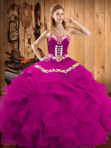 Exceptional Fuchsia Sleeveless Satin and Organza Lace Up Quinceanera Gown for Military Ball and Sweet 16 and Quinceanera