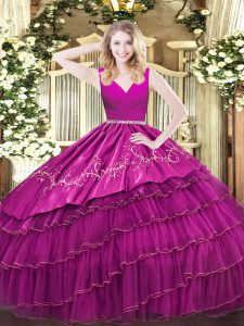 Fuchsia Quinceanera Dresses Military Ball and Sweet 16 and Quinceanera with Embroidery and Ruffled Layers V-neck Sleevel