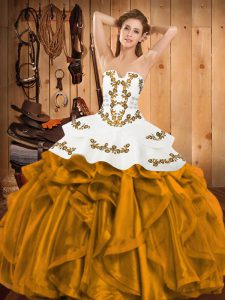 Gold Sleeveless Satin and Organza Lace Up Ball Gown Prom Dress for Military Ball and Sweet 16 and Quinceanera