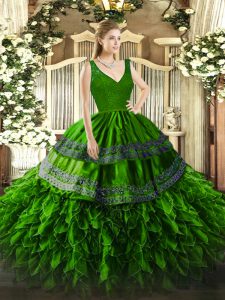 Decent Beading and Lace and Ruffles Quince Ball Gowns Green Backless Sleeveless Floor Length