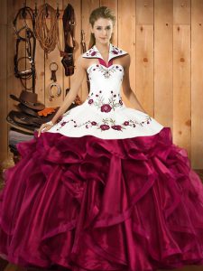Cheap Ball Gowns Ball Gown Prom Dress Fuchsia Halter Top Satin and Organza Sleeveless Floor Length Lace Up