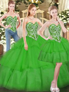 Superior Green Sleeveless Tulle Lace Up Sweet 16 Dresses for Military Ball and Sweet 16 and Quinceanera