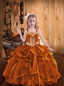 Straps Sleeveless Kids Formal Wear Floor Length Embroidery and Ruffles Orange Organza